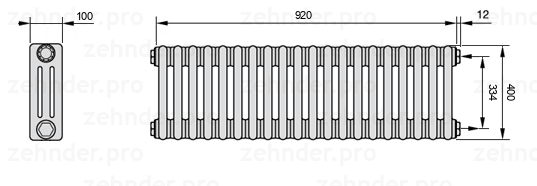 Схема (чертеж) Радиатор Zehnder Charleston 3040/20 №7610 Белый глянцевый RAL 9016